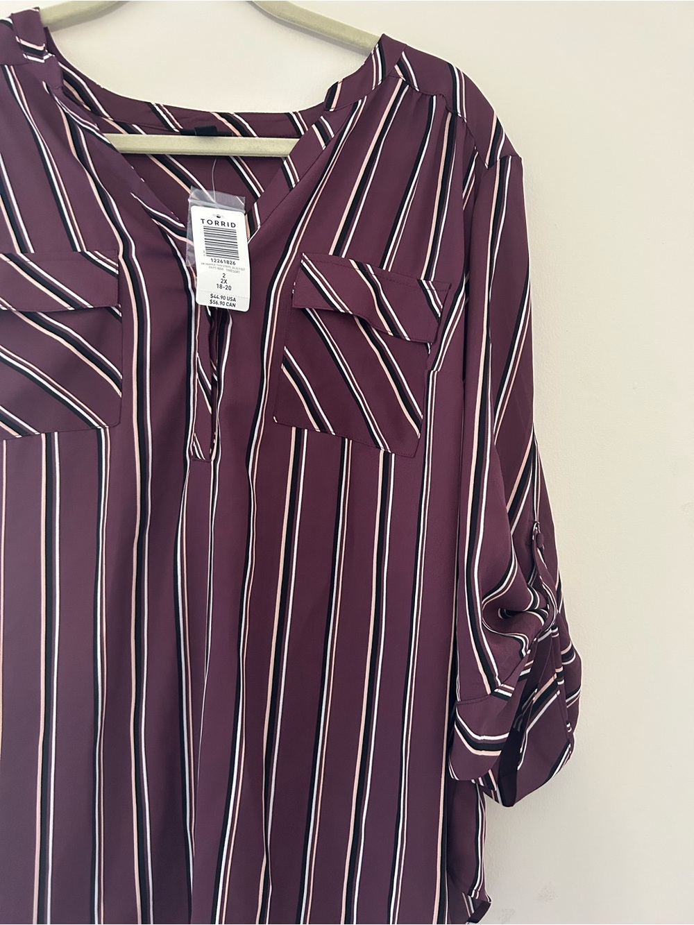 Torrid Size 2 Striped Roll-Sleeve Blouse in Burgundy - Unknown Brand - Picture 4 of 7